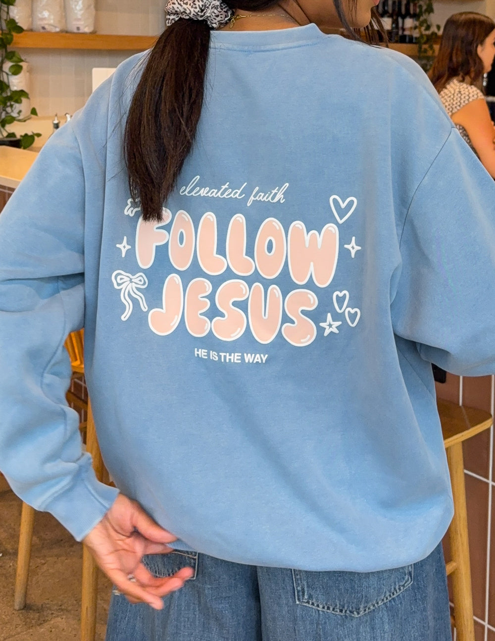 Follow Jesus Unisex Knit Crewneck Sweatshirt in Blue or Pale-Pink