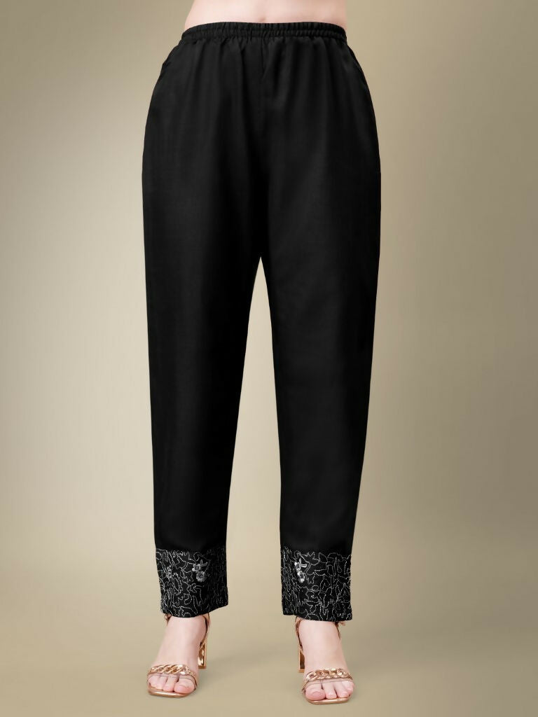 Women's Black Cotton Blend Embroidered & Lace Kurta Set