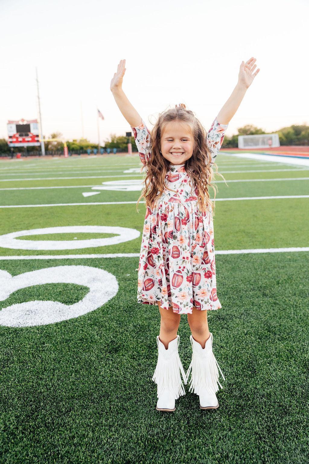 Footballs & Flowers 3/4 Sleeve Pocket Twirl Dress