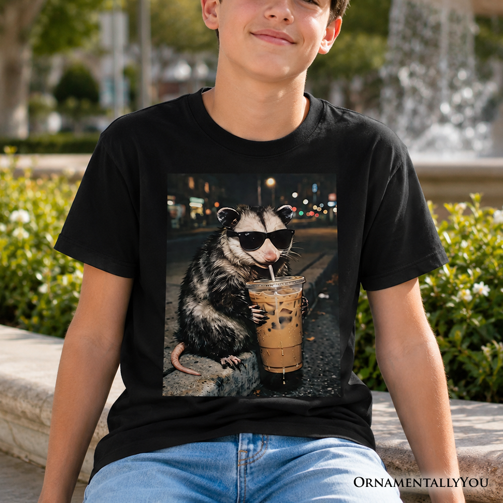 A funny Iced Coffee Opossum meme graphic t-shirt for kids, made from 100% soft cotton.