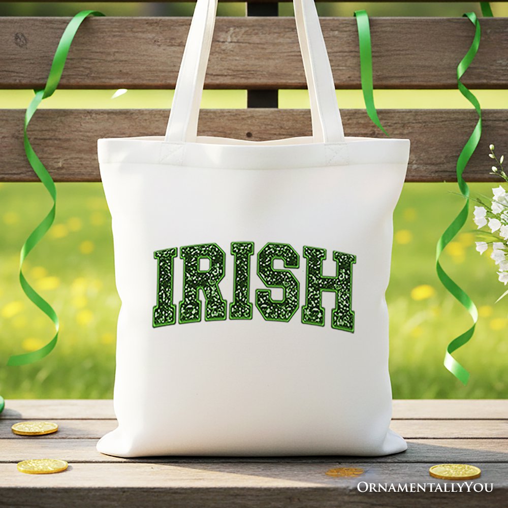 Irish-themed faux sequin print on white and green cotton tote bag