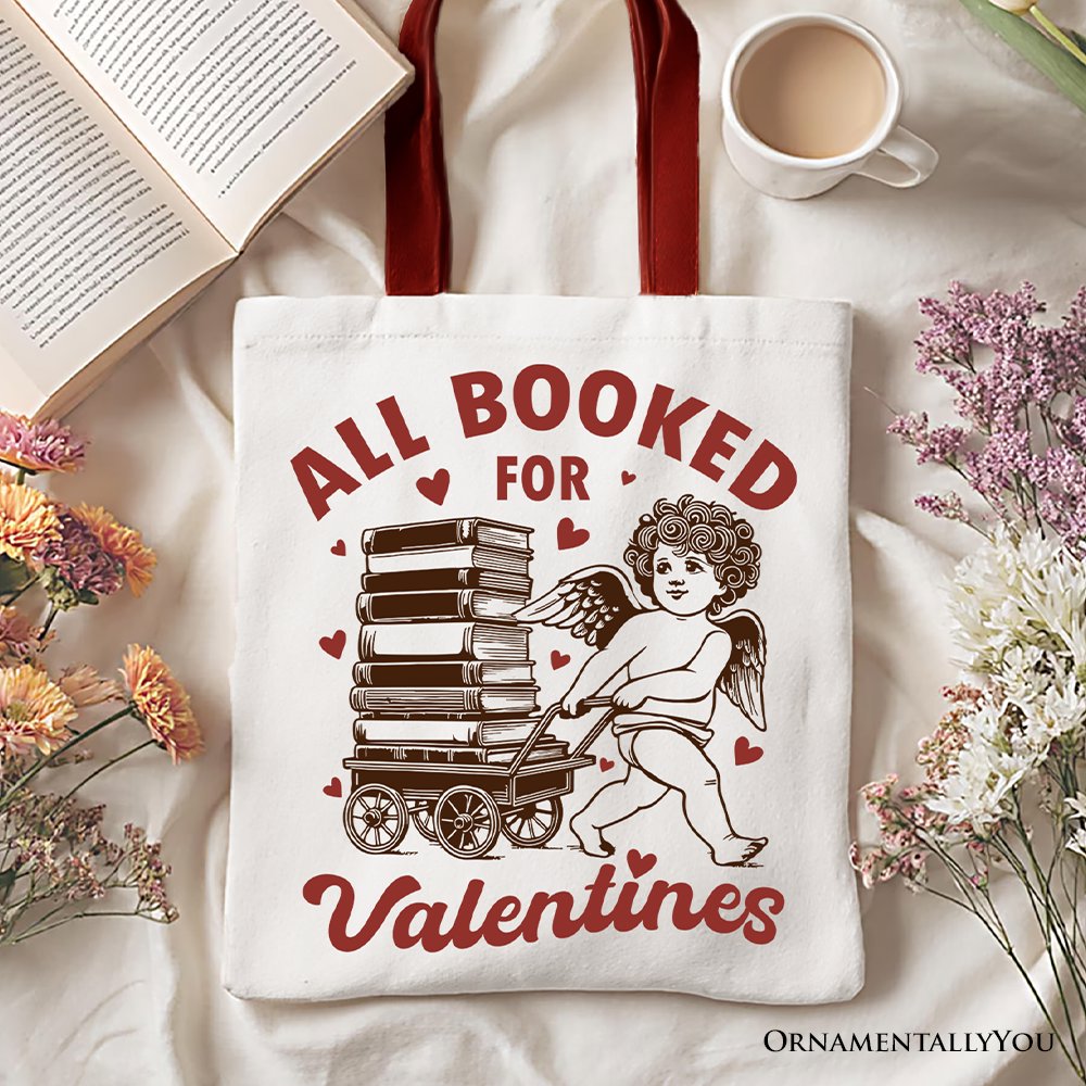 Vintage style All Booked For Valentines Cupid canvas tote bag.