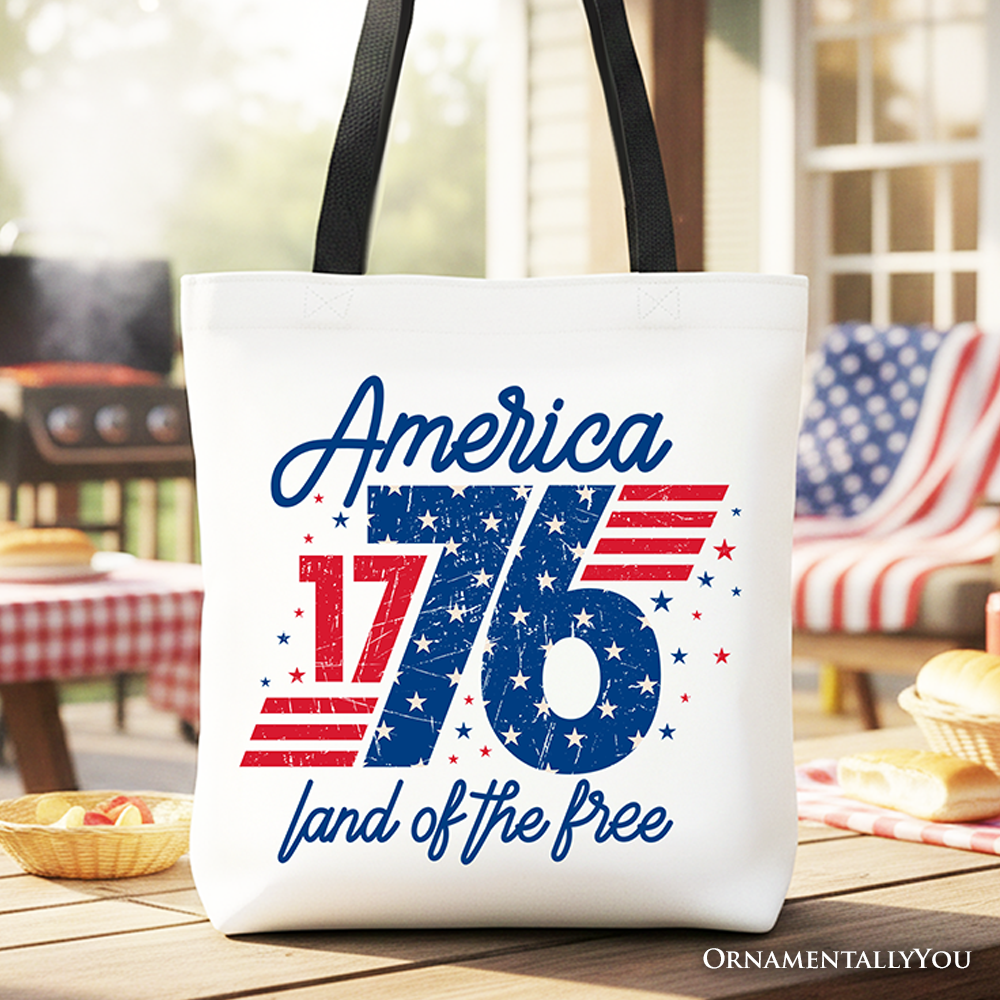 America 1776 Land of the Free patriotic vintage design on a white cotton tote bag