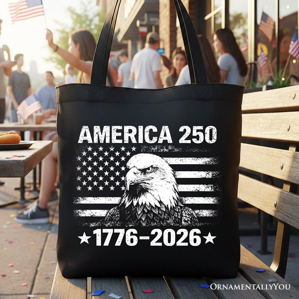 Black and white America 250 Freedom Flag Eagle cotton tote bag, USA-made