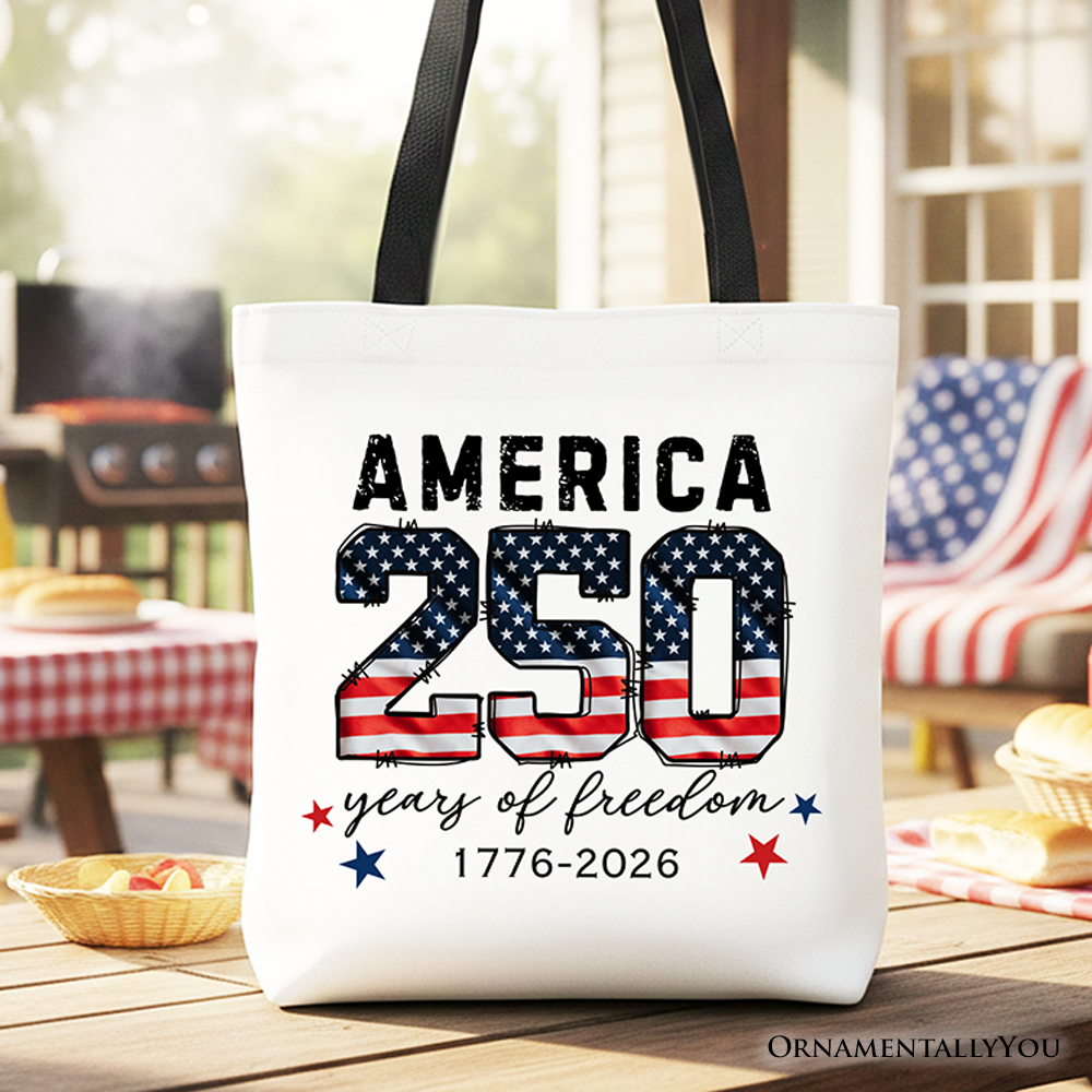 America 250 Years of Freedom patriotic canvas tote bag with dual-sided print