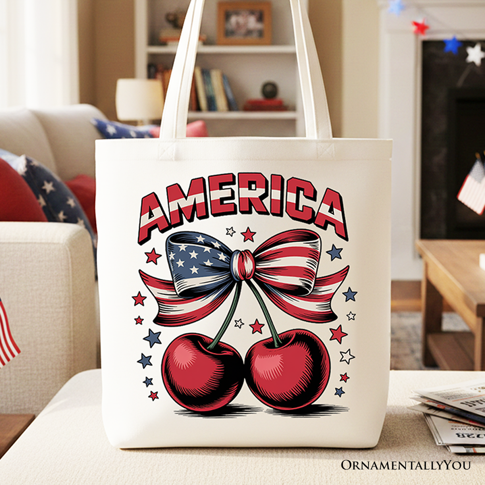 Patriotic coquette tote bag with American cherry print for 4th of July
