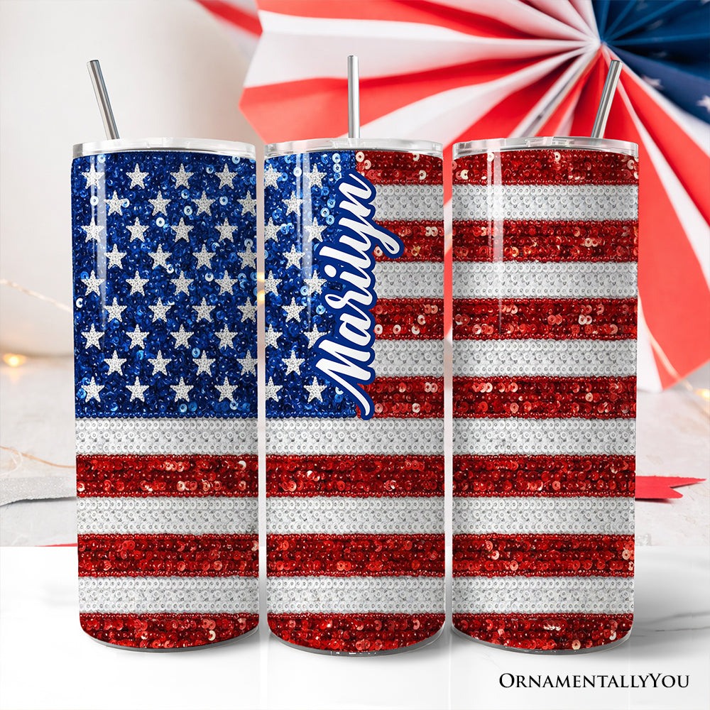 Patriotic American Flag sequin print 20oz stainless steel travel tumbler