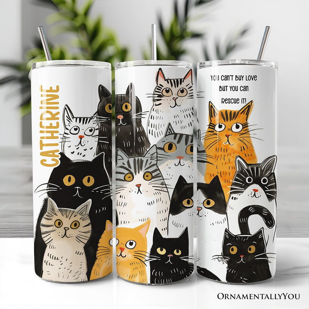 Personalized 20oz stainless steel cat rescue tumbler with lid and metal straw