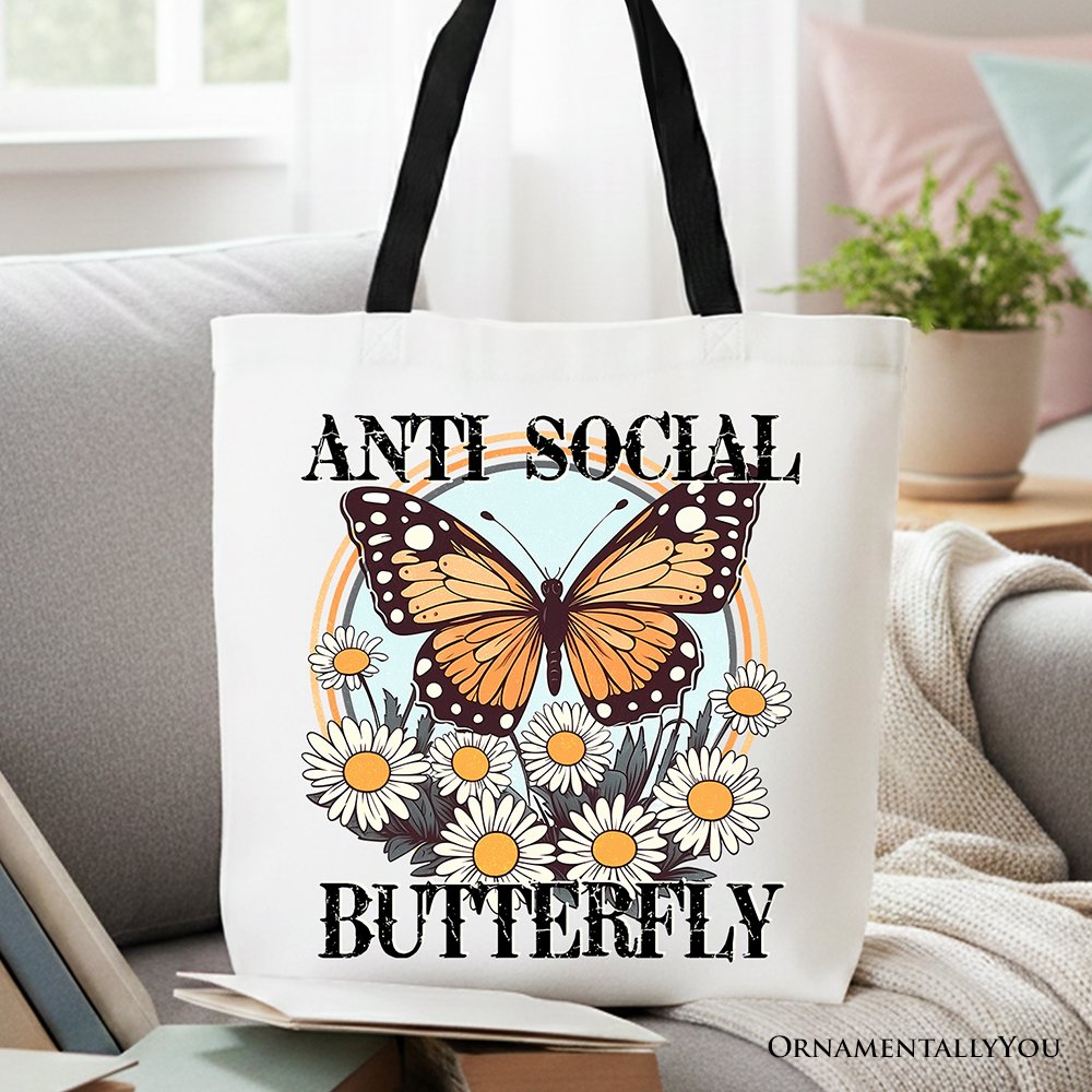 Retro-style Anti Social Butterfly canvas tote bag in white, black, and orange