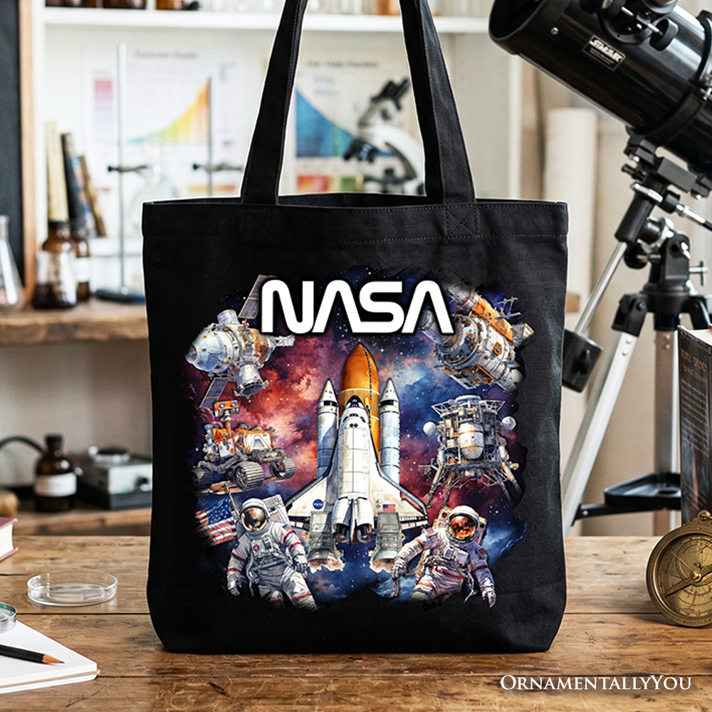 Artistic space-themed tote bag featuring an astronaut and planet design
