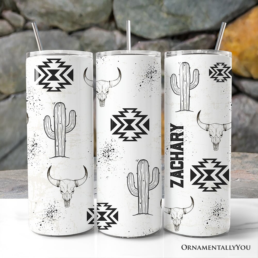 Personalized 20oz travel tumbler with Aztec tribal art and stainless steel straw