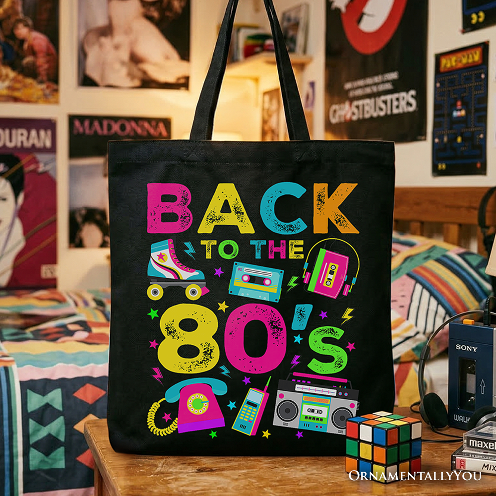 Colorful 80s retro abstract print cotton tote bag on a neutral background