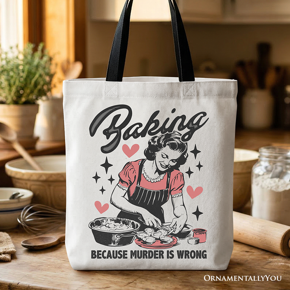 Baking Because Murder Is Wrong humorous retro design on an off-white cotton tote bag