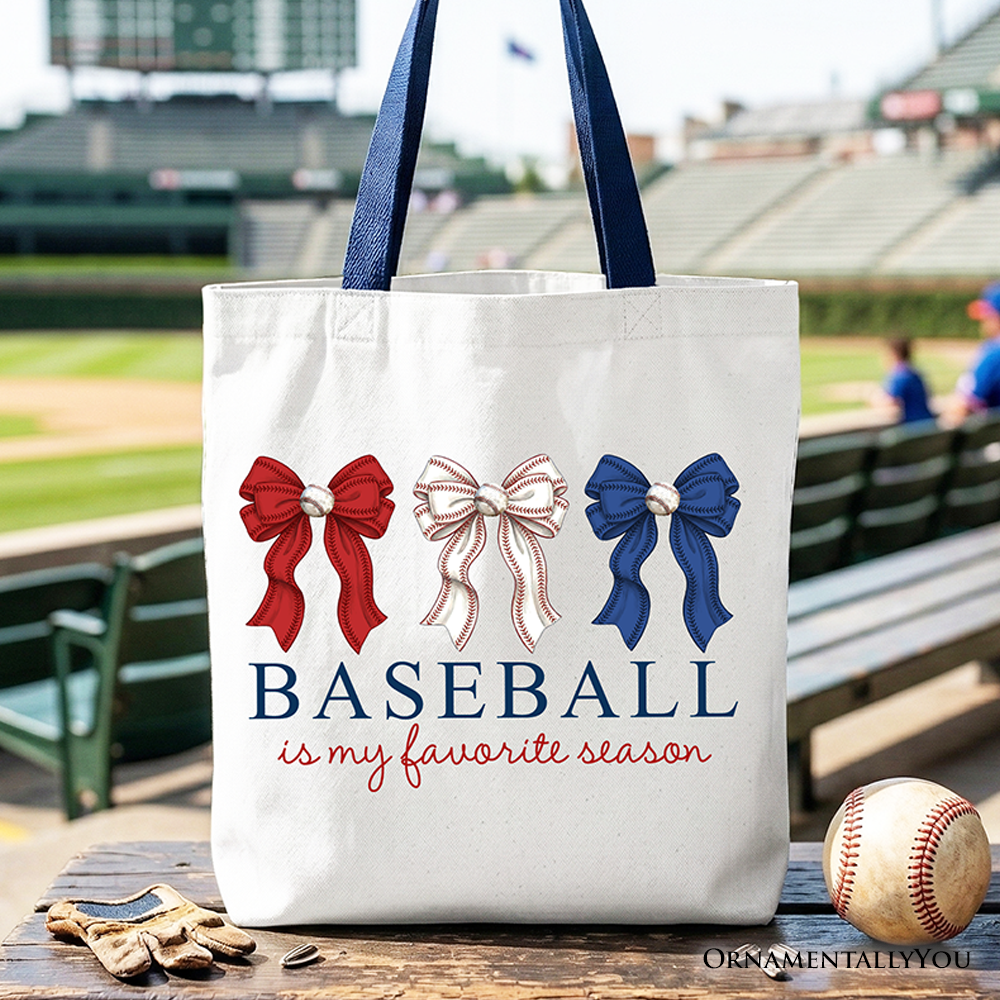 Baseball Is My Favorite Season tote bag with coquette bow design for game day