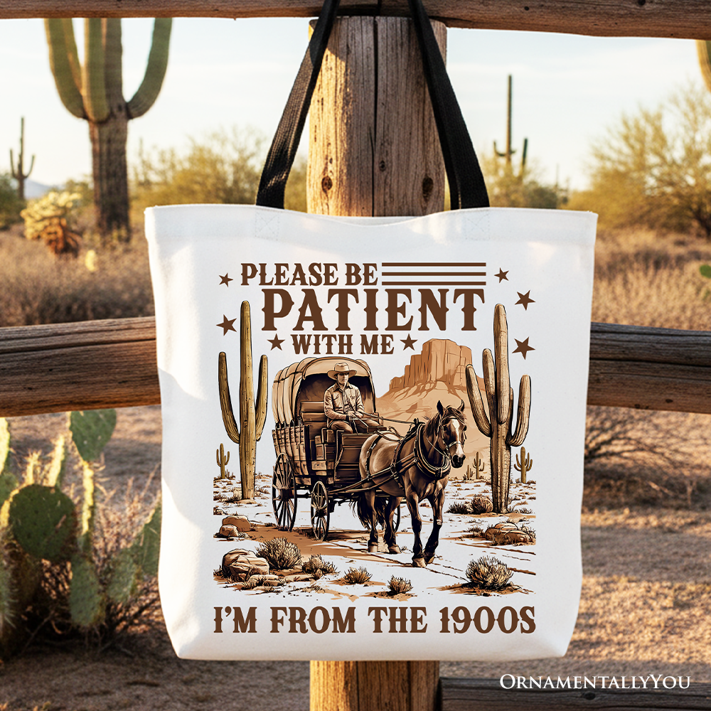 Be Patient I’m From the 1900s Western canvas tote bag with carriage horse graphic in off-white and brown