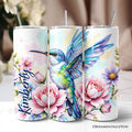 20oz stainless steel travel tumbler with a watercolor floral pattern, pink roses, and a blue and green hummingbird.