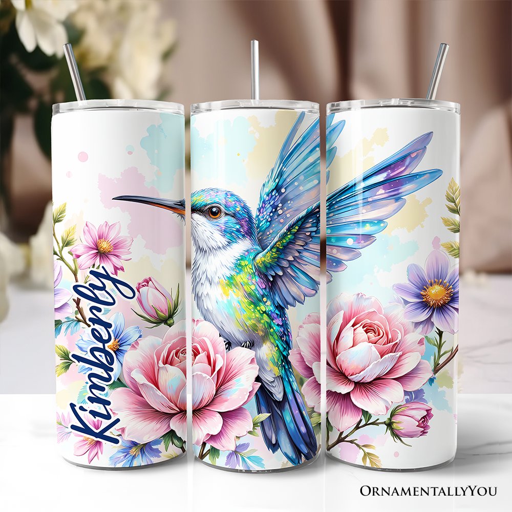 20oz stainless steel travel tumbler with a watercolor floral pattern, pink roses, and a blue and green hummingbird.