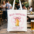 Pink coquette bow Beer Drinkers Social Club canvas tote bag for summer bachelorette parties