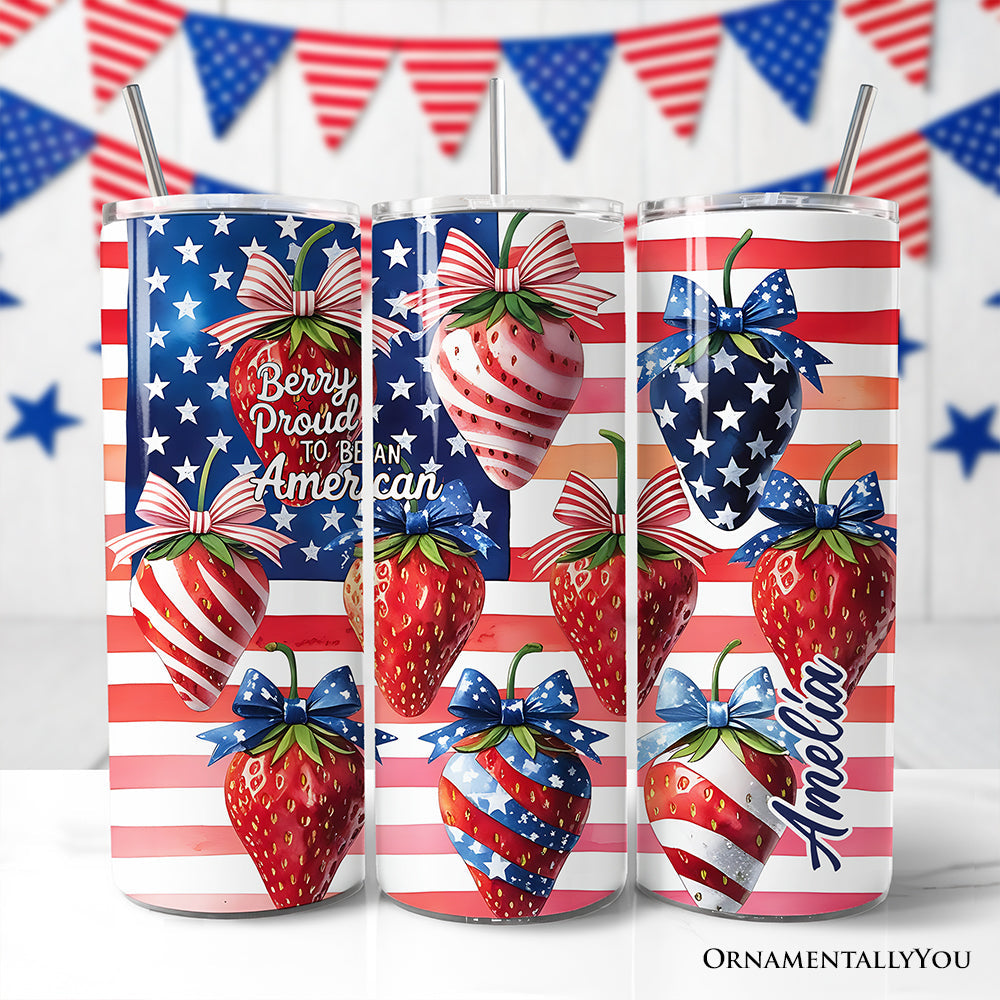 Patriotic 20oz stainless steel tumbler with strawberry print and American theme
