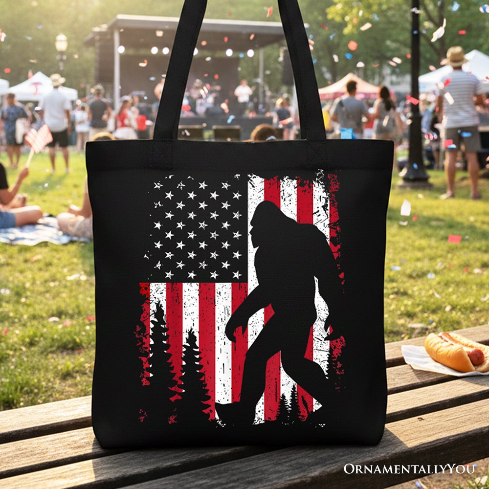Bigfoot American Flag canvas tote bag with red, white, and black design