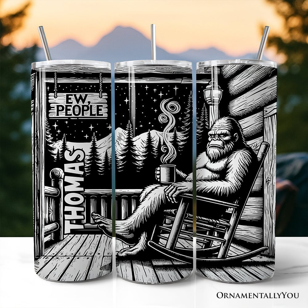 20oz personalized Bigfoot cabin life travel tumbler with stainless steel straw