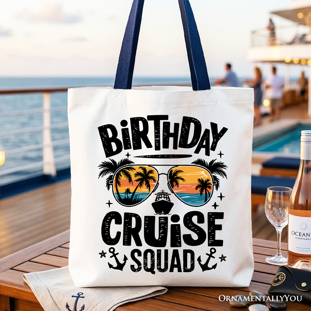 Birthday Cruise Squad cotton tote bag in white and navy blue for vacation travel.