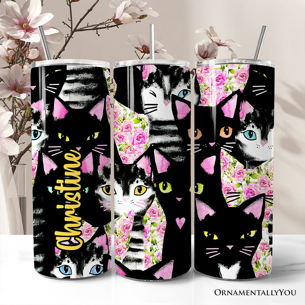 Black Cats and Pink Rose Floral 20oz Personalized Travel Tumbler
