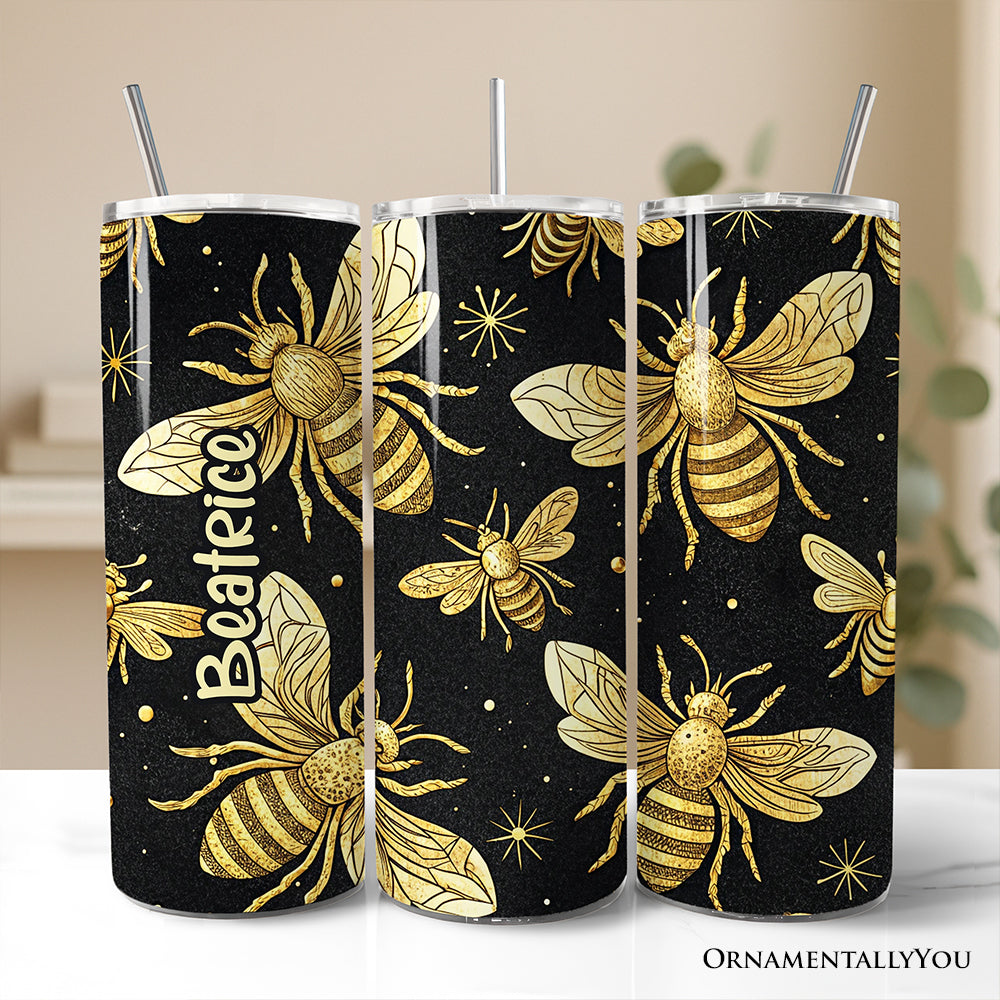20oz stainless steel travel tumbler with black and gold bee pattern