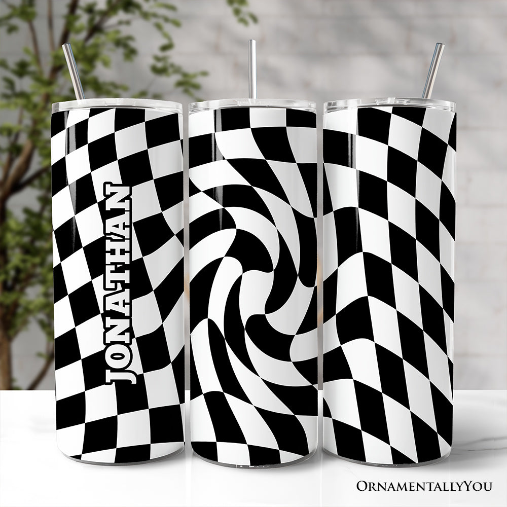 Black and White Checkerboard Swirl 20oz Travel Tumbler with Straw