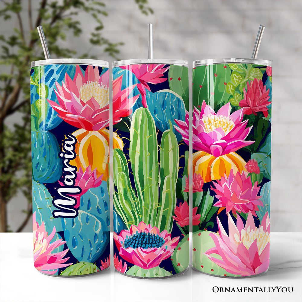 Blooming Desert Cactus Garden 20oz stainless steel tumbler with floral succulent pattern, lid, and straw