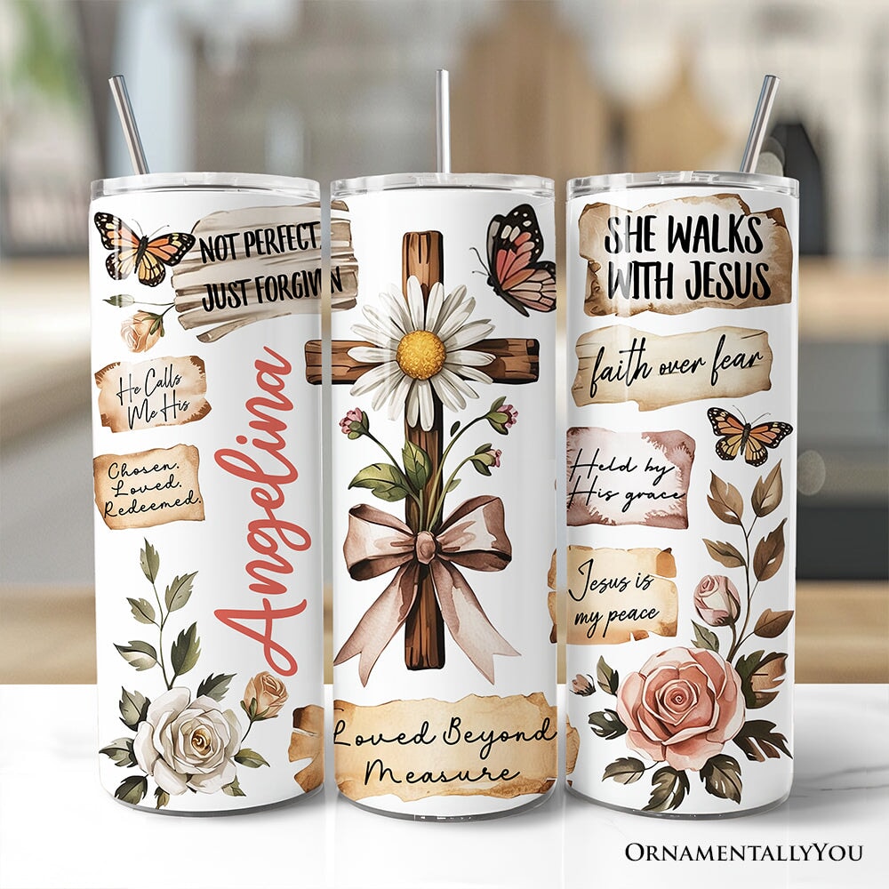 Boho-style 20oz travel tumbler featuring floral patterns, a Christian cross, and inspirational quotes