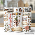 Boho-style 20oz travel tumbler featuring floral patterns, a Christian cross, and inspirational quotes