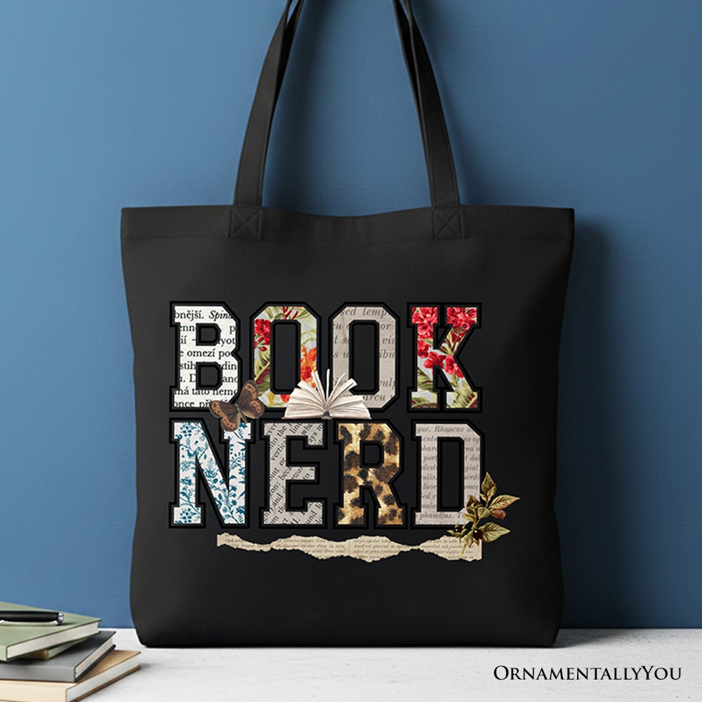 Book lover collage print on a high-quality reusable tote bag