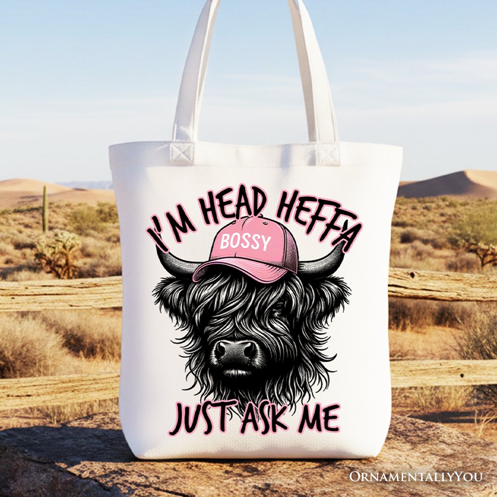 Funny Head Heifer Highland Cow canvas tote bag in white and pink
