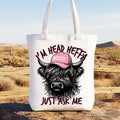 Funny Head Heifer Highland Cow canvas tote bag in white and pink