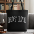 Minimalist black and white cotton tote bag with Boy Dad varsity text