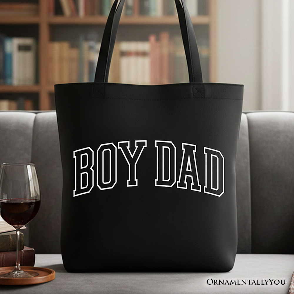 Minimalist black and white cotton tote bag with Boy Dad varsity text