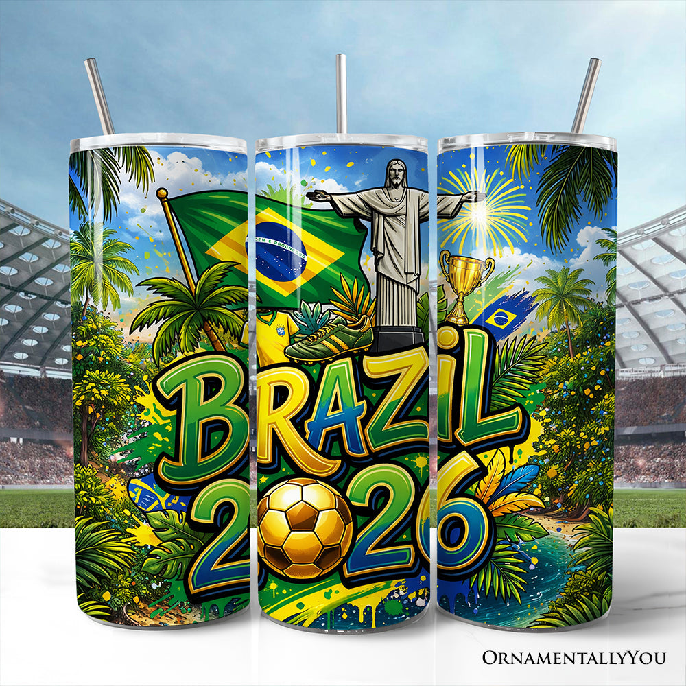Brazil 2026 Soccer Championship 20oz stainless steel travel mug with included straw