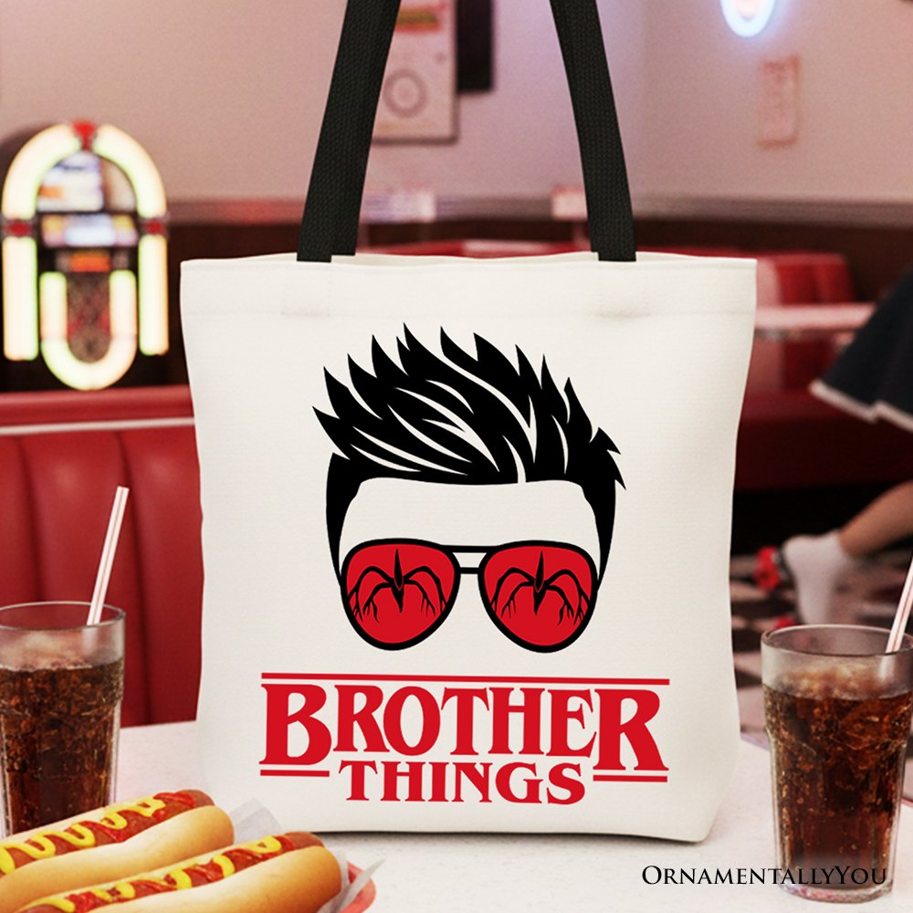 Brother Things Retro Canvas Tote Bag with red glasses design, front and back view