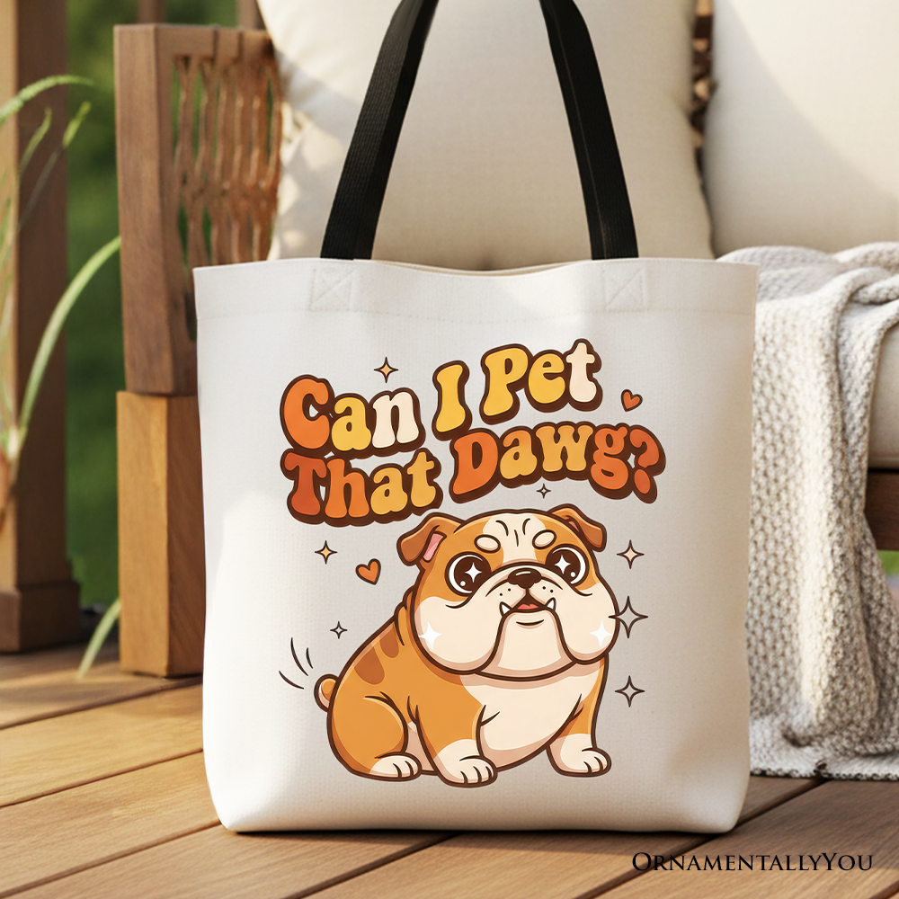 Can I Pet That Dawg retro style graphic on a canvas-style tote bag
