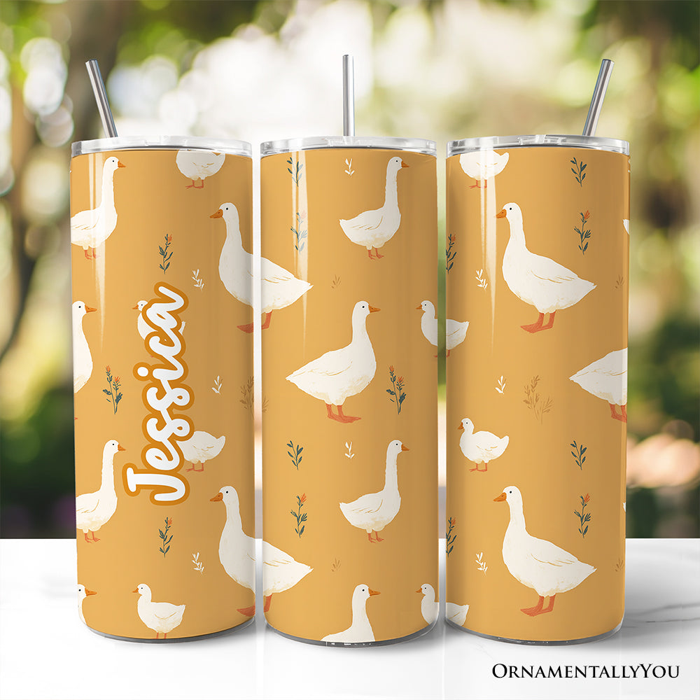 20oz farmhouse-style tumbler featuring a cute goose pattern in yellow, white, and orange.