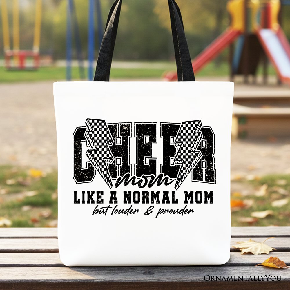 Black and white Cheer Mom retro canvas tote bag with lightning design.