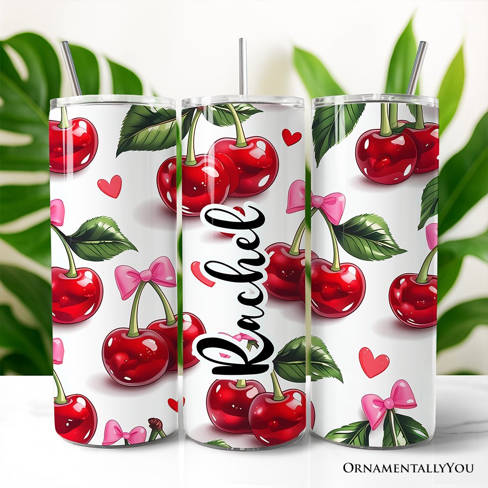 Personalized 20oz stainless steel tumbler with cherry and pink bow pattern on a white background.