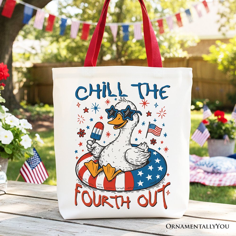 Chill The Fourth Out patriotic goose design on a cotton canvas tote bag