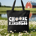 Choose Kindness daisy print retro tote bag in black and white cotton.