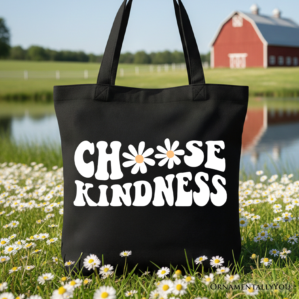 Choose Kindness daisy print retro tote bag in black and white cotton.
