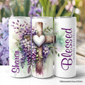 Personalized 20oz tumbler with purple wisteria cross design and blessed beyond measure text