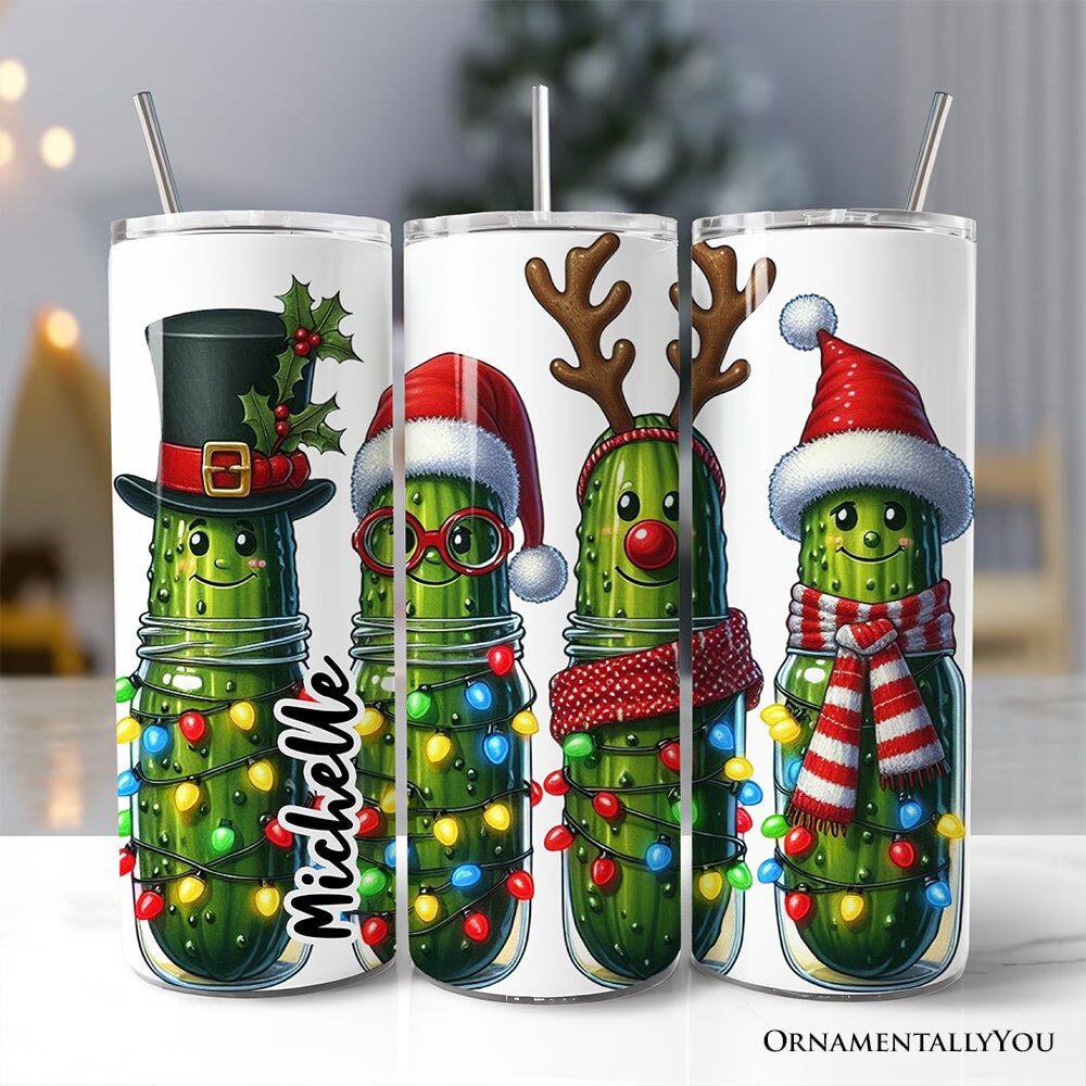 20oz Christmas Pickles personalized tumbler featuring festive cucumber design and stainless steel straw