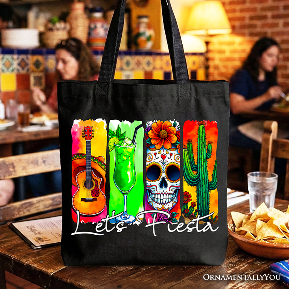 White and multi-colored Let’s Fiesta brushstroke Cinco De Mayo tote bag.