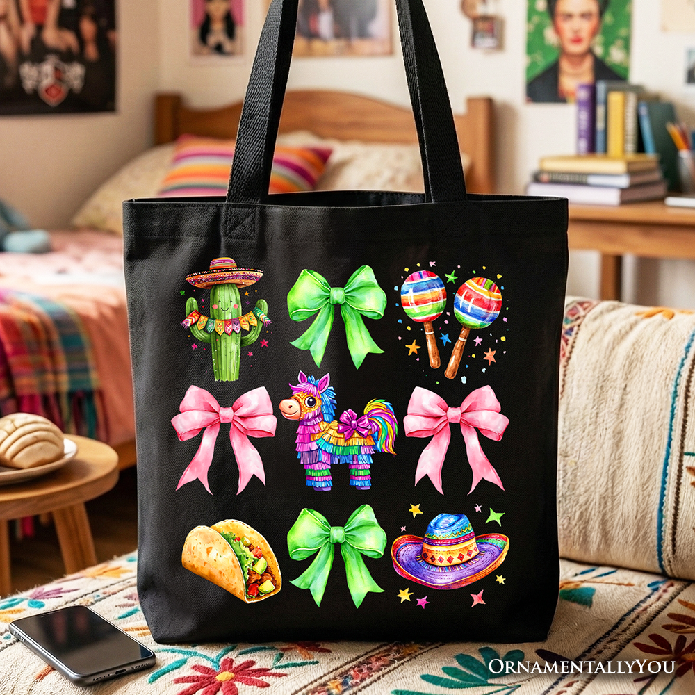 Cinco De Mayo themed tote bag with maracas and coquette bow print, handcrafted in the USA.